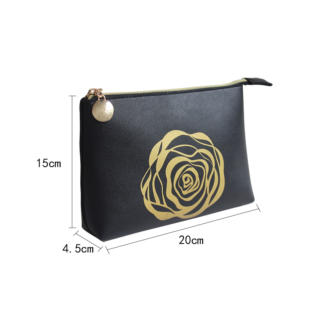 4112 Black Gold Rose Print Cosmetic Makeup Travel Bag