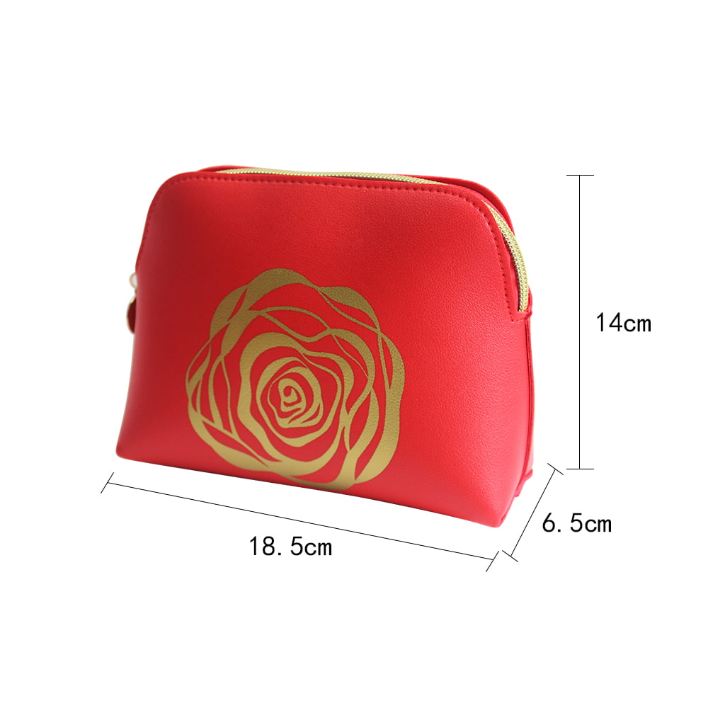 3552 Gold Rose Print Leather Travel Makeup Cosmetic Bag