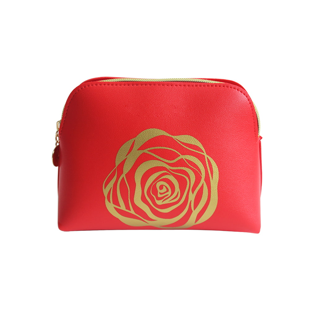 3552 Gold Rose Print Leather Travel Makeup Cosmetic Bag