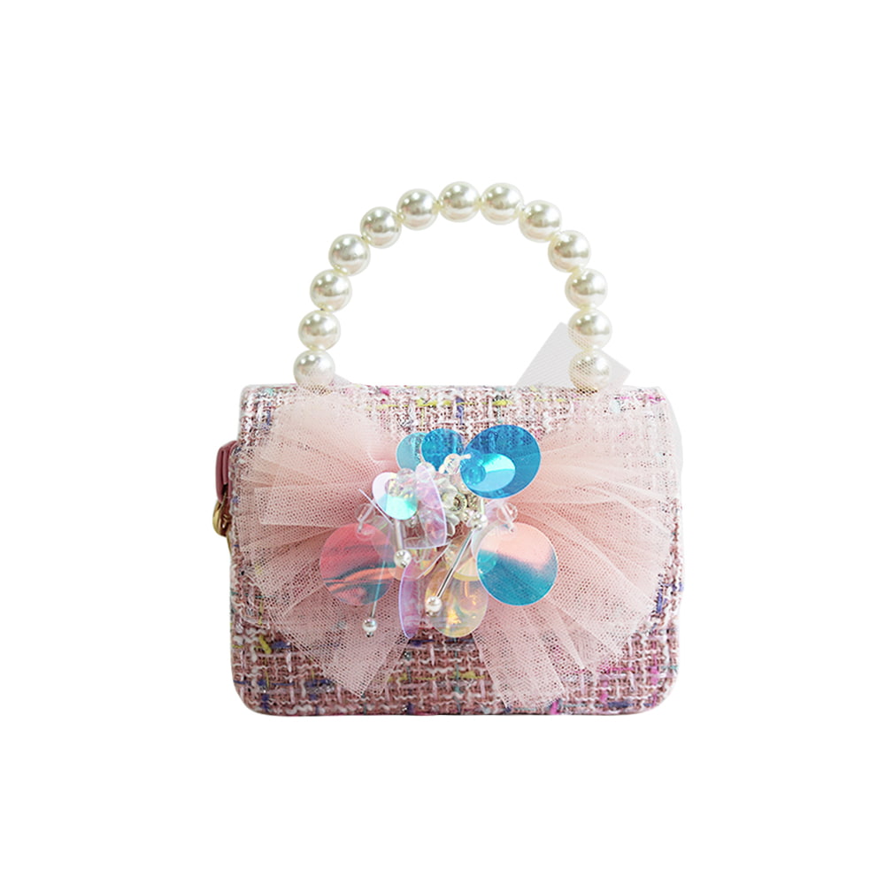 4105 Mesh Bowknot Tweed Girl Princess Pearl Handbag