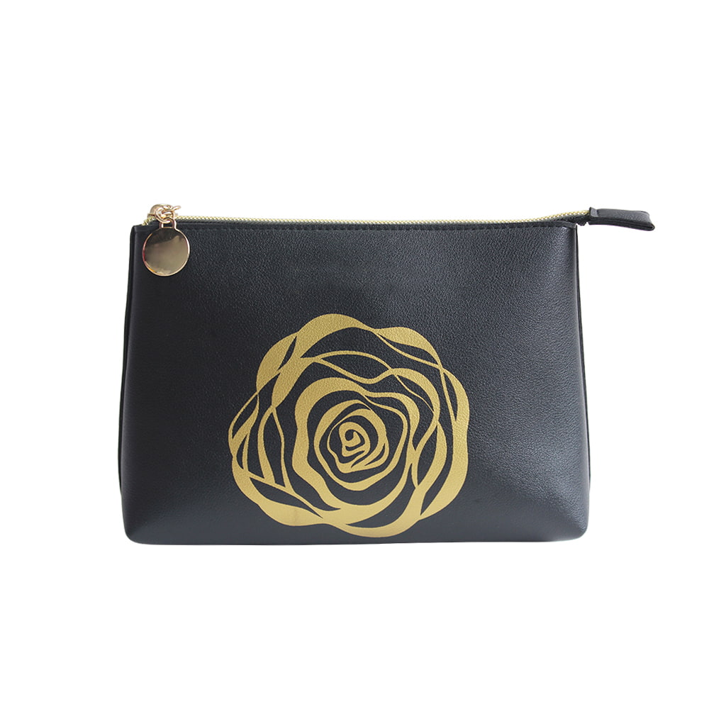 4112 Black Gold Rose Print Cosmetic Makeup Travel Bag