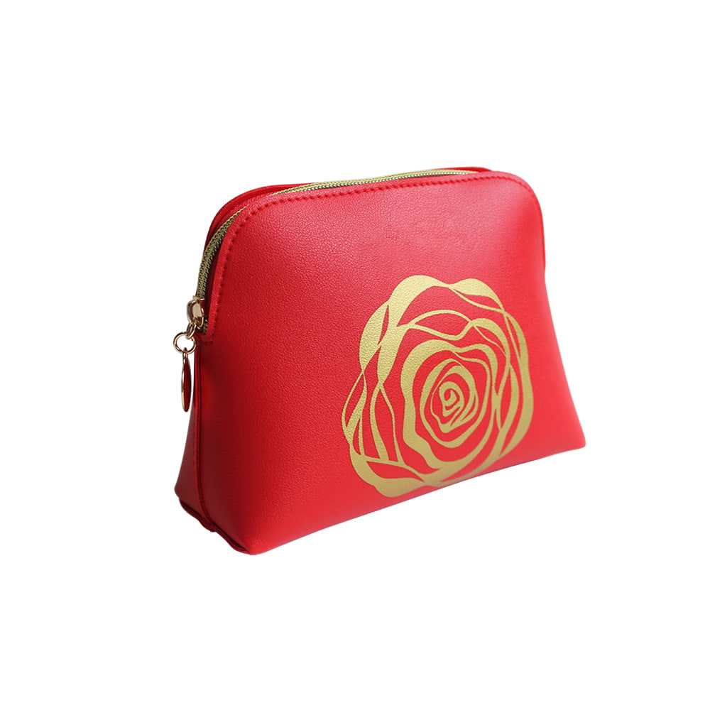 3552 Gold Rose Print Leather Travel Makeup Cosmetic Bag