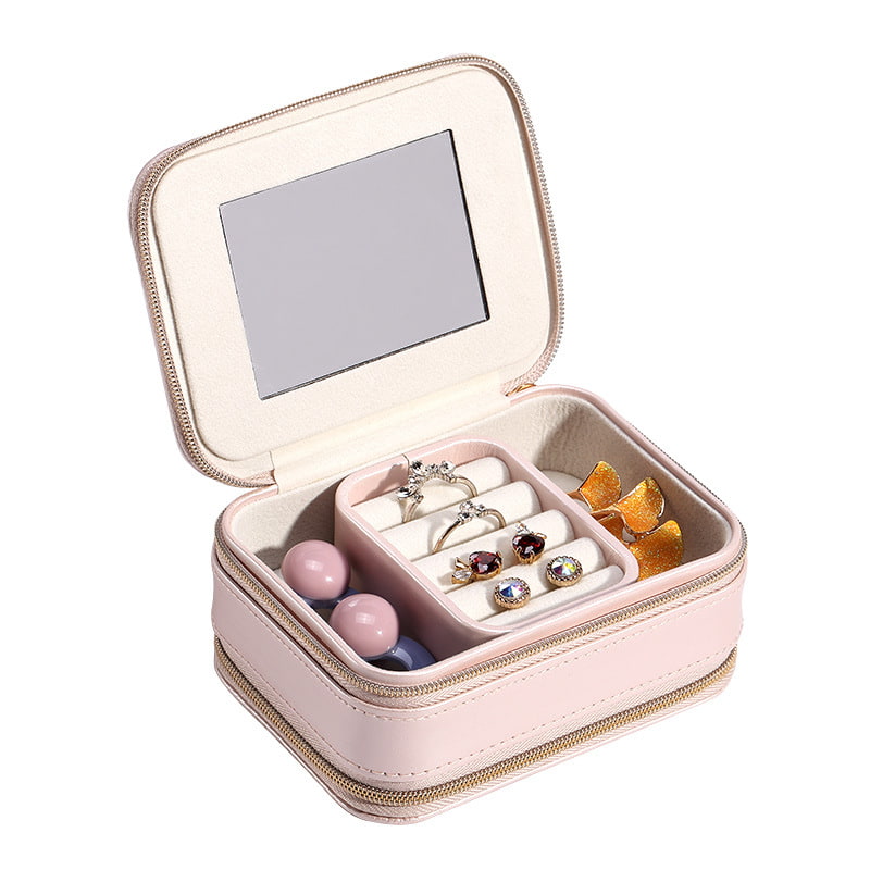 BD-GM53 PU Leather Zipper Small Mirror Jewelry Organizer Box